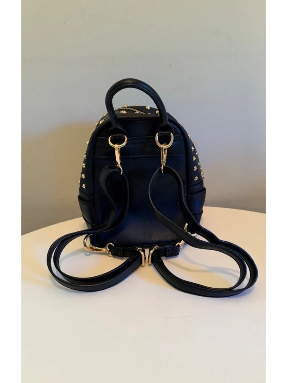 Bebe Black Mini Backpack Purse With Gold Studs & Tassel Accent